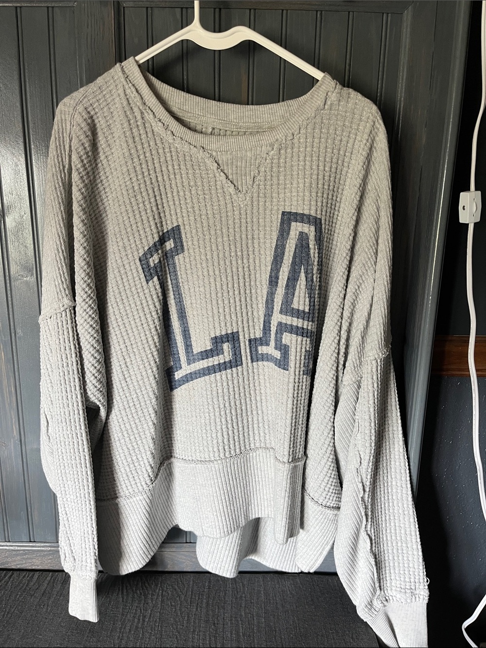 American Eagle Waffle Knit LA Pullover Sweater - Light Gray